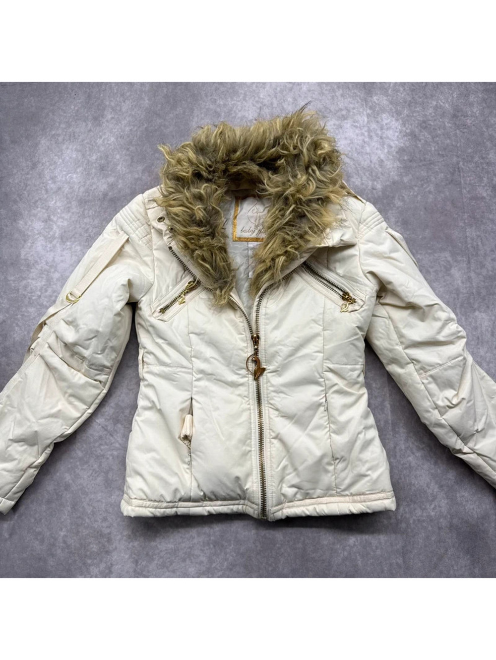 Vintage Baby Phat Faux Fur Collar Cream Puffer Jacket Gold Hardware M